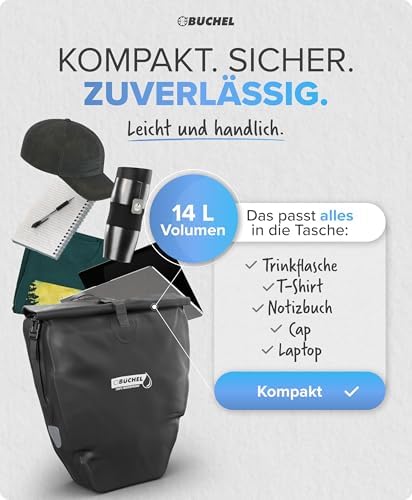 Büchel Fahrradtasche für Gepäckträger – 100% wasserdicht, mit Tragegriff & Schultergurt, ideal für Fahrradtouren