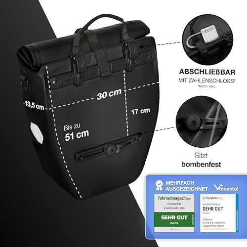 Valkental Große & wasserdichte Fahrradtasche für Gepäckträger – Robuste, abschließbare Tragetasche mit großen Reflektore