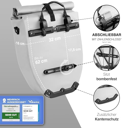 Valkental Große & wasserdichte Fahrradtasche für Gepäckträger – Robuste, abschließbare Tragetasche mit großen Reflektore