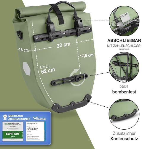 Valkental Große & wasserdichte Fahrradtasche für Gepäckträger – Robuste, abschließbare Tragetasche mit großen Reflektore