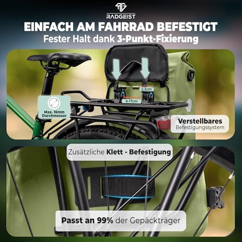 RADGEIST 3in1 Fahrradtasche für Gepäckträger - Wasserdichter Rucksack mit Laptopfach für Unterwegs - 25L - Blau