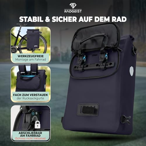 RADGEIST 3in1 Fahrradtasche für Gepäckträger - Wasserdichter Rucksack mit Laptopfach für Unterwegs - 25L - Blau
