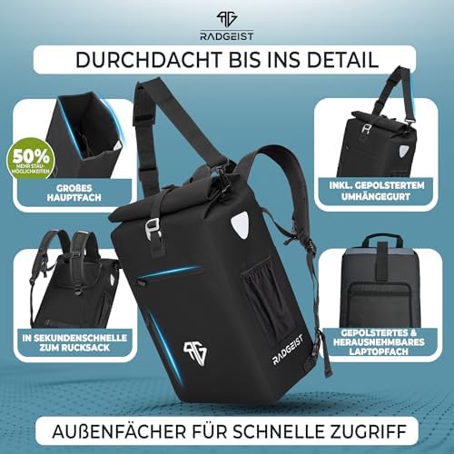RADGEIST 3in1 Fahrradtasche für Gepäckträger – 100% wasserdicht, vielseitig als Rucksack & Umhängetasche für aufregende