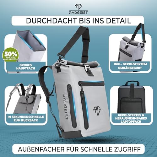 RADGEIST 3in1 Fahrradtasche für Gepäckträger – 100% wasserdicht, vielseitig als Rucksack & Umhängetasche für aufregende