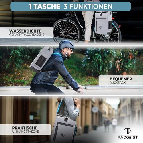 RADGEIST 3in1 Fahrradtasche für Gepäckträger – 100% wasserdicht, vielseitig als Rucksack & Umhängetasche für aufregende