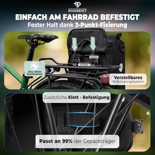 RADGEIST 3in1 Fahrradtasche für Gepäckträger - Wasserdichter Rucksack mit Laptopfach für Unterwegs - 25L - Blau