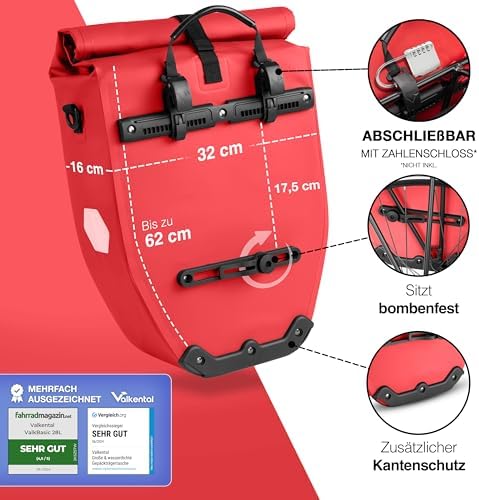 Valkental Große & wasserdichte Fahrradtasche für Gepäckträger – Robuste, abschließbare Tragetasche mit großen Reflektore