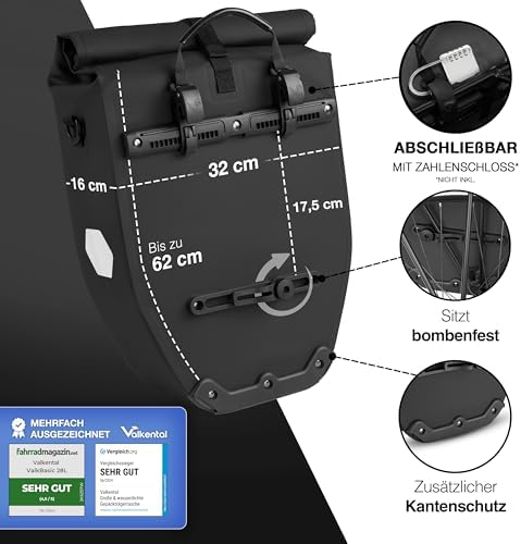 Valkental Große & wasserdichte Fahrradtasche für Gepäckträger – Robuste, abschließbare Tragetasche mit großen Reflektore