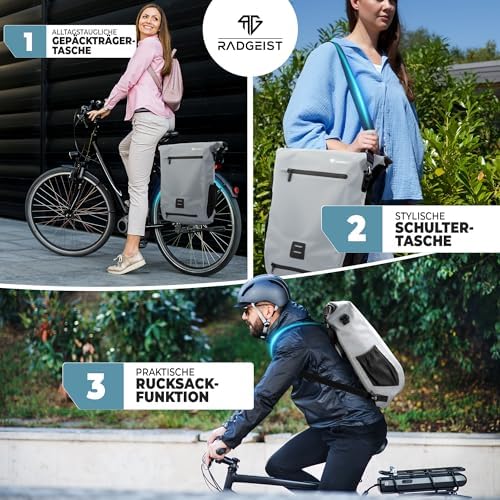 RADGEIST 3in1 Fahrradtasche für Gepäckträger – 100% wasserdicht, vielseitig als Rucksack & Umhängetasche für aufregende