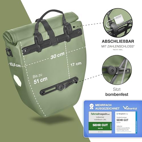 Valkental Große & wasserdichte Fahrradtasche für Gepäckträger – Robuste, abschließbare Tragetasche mit großen Reflektore