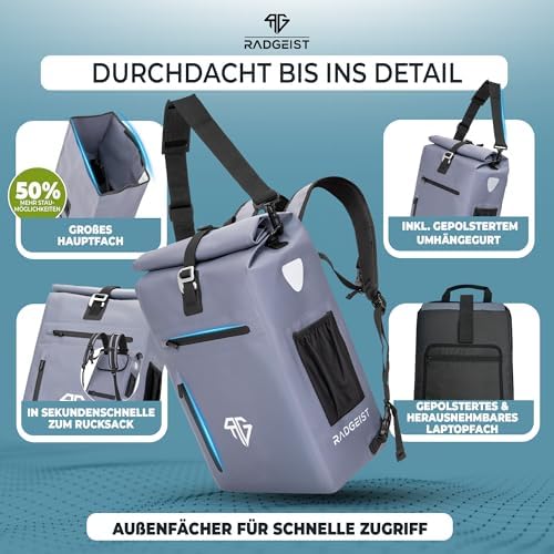 RADGEIST 3in1 Fahrradtasche für Gepäckträger – 100% wasserdicht, vielseitig als Rucksack & Umhängetasche für aufregende