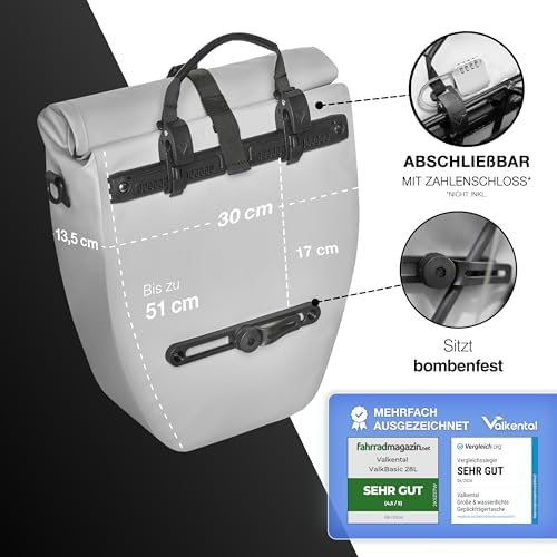 Valkental Große & wasserdichte Fahrradtasche für Gepäckträger – Robuste, abschließbare Tragetasche mit großen Reflektore
