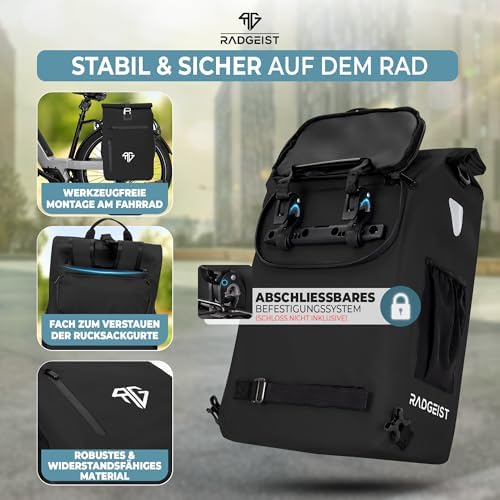 RADGEIST 3in1 Fahrradtasche für Gepäckträger – 100% wasserdicht, vielseitig als Rucksack & Umhängetasche für aufregende