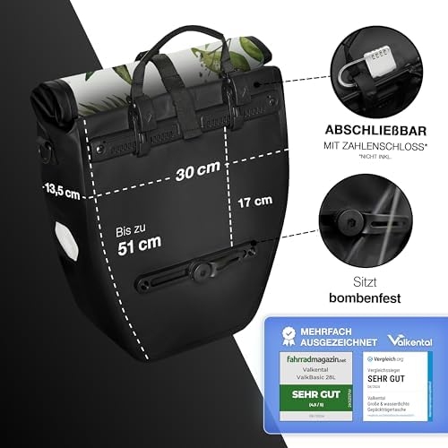 Valkental Große & wasserdichte Fahrradtasche für Gepäckträger – Robuste, abschließbare Tragetasche mit großen Reflektore