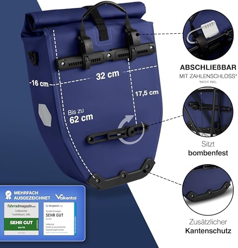Valkental Große & wasserdichte Fahrradtasche für Gepäckträger – Robuste, abschließbare Tragetasche mit großen Reflektore