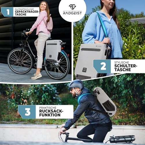 RADGEIST 3in1 Fahrradtasche für Gepäckträger – 100% wasserdicht, vielseitig als Rucksack & Umhängetasche für aufregende