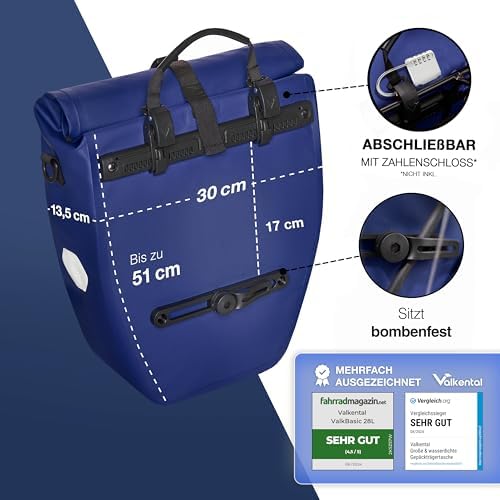 Valkental Große & wasserdichte Fahrradtasche für Gepäckträger – Robuste, abschließbare Tragetasche mit großen Reflektore