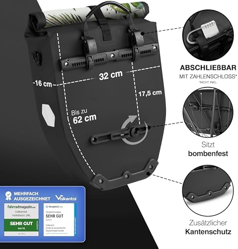 Valkental Große & wasserdichte Fahrradtasche für Gepäckträger – Robuste, abschließbare Tragetasche mit großen Reflektore