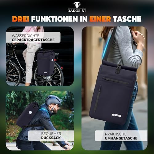 RADGEIST 3in1 Fahrradtasche für Gepäckträger - Wasserdichter Rucksack mit Laptopfach für Unterwegs - 25L - Blau