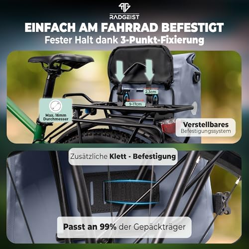 RADGEIST 3in1 Fahrradtasche für Gepäckträger - Wasserdichter Rucksack mit Laptopfach für Unterwegs - 25L - Blau
