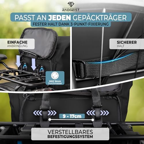 RADGEIST 3in1 Fahrradtasche für Gepäckträger – 100% wasserdicht, vielseitig als Rucksack & Umhängetasche für aufregende