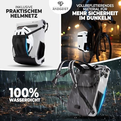 RADGEIST 3in1 Fahrradtasche für Gepäckträger – 100% wasserdicht, vielseitig als Rucksack & Umhängetasche für aufregende