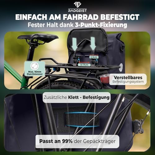 RADGEIST 3in1 Fahrradtasche für Gepäckträger - Wasserdichter Rucksack mit Laptopfach für Unterwegs - 25L - Blau