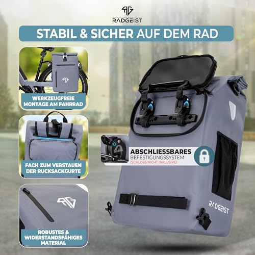 RADGEIST 3in1 Fahrradtasche für Gepäckträger – 100% wasserdicht, vielseitig als Rucksack & Umhängetasche für aufregende