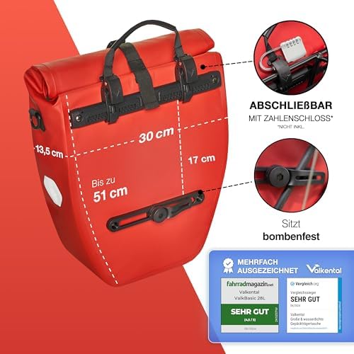 Valkental Große & wasserdichte Fahrradtasche für Gepäckträger – Robuste, abschließbare Tragetasche mit großen Reflektore