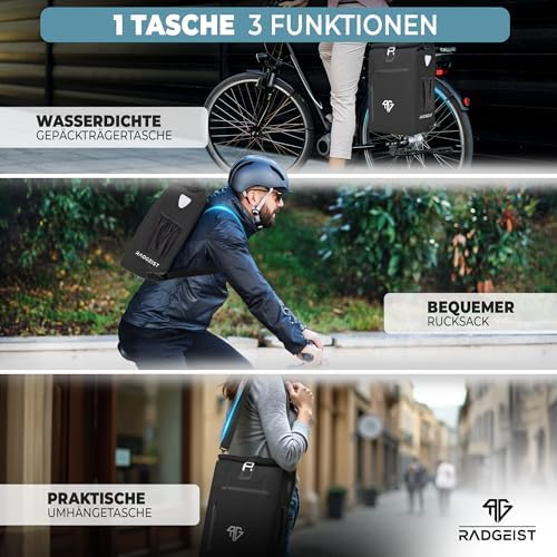 RADGEIST 3in1 Fahrradtasche für Gepäckträger – 100% wasserdicht, vielseitig als Rucksack & Umhängetasche für aufregende