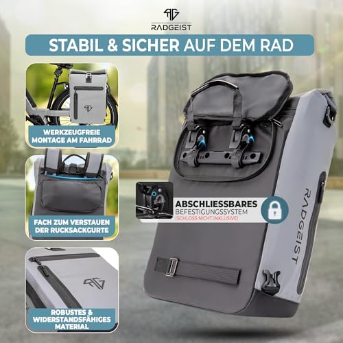 RADGEIST 3in1 Fahrradtasche für Gepäckträger – 100% wasserdicht, vielseitig als Rucksack & Umhängetasche für aufregende