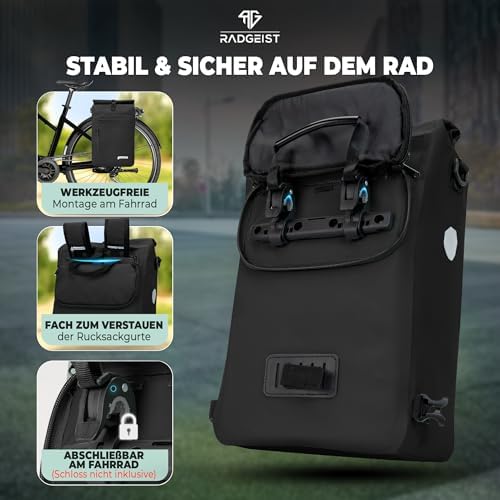 RADGEIST 3in1 Fahrradtasche für Gepäckträger - Wasserdichter Rucksack mit Laptopfach für Unterwegs - 25L - Blau
