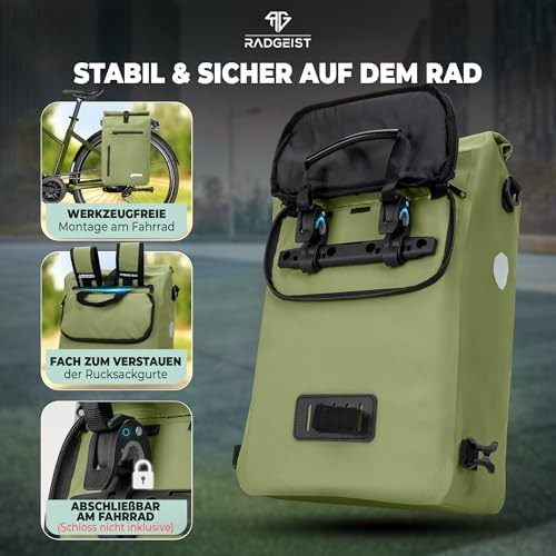 RADGEIST 3in1 Fahrradtasche für Gepäckträger - Wasserdichter Rucksack mit Laptopfach für Unterwegs - 25L - Blau