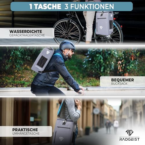 RADGEIST 3in1 Fahrradtasche für Gepäckträger – 100% wasserdicht, vielseitig als Rucksack & Umhängetasche für aufregende
