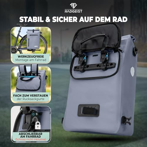 RADGEIST 3in1 Fahrradtasche für Gepäckträger - Wasserdichter Rucksack mit Laptopfach für Unterwegs - 25L - Blau