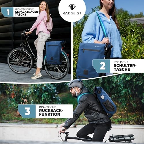 RADGEIST 3in1 Fahrradtasche für Gepäckträger – 100% wasserdicht, vielseitig als Rucksack & Umhängetasche für aufregende