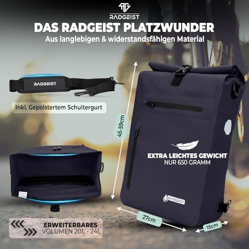 RADGEIST 3in1 Fahrradtasche für Gepäckträger - Wasserdichter Rucksack mit Laptopfach für Unterwegs - 25L - Blau