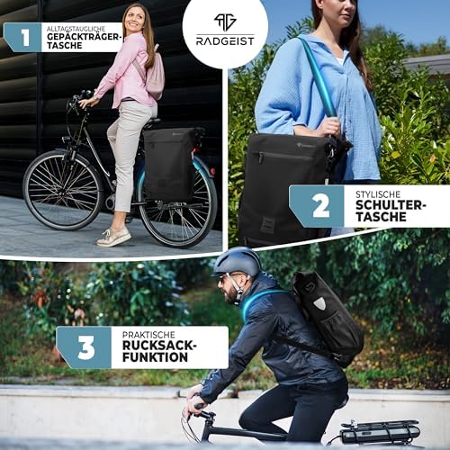 RADGEIST 3in1 Fahrradtasche für Gepäckträger – 100% wasserdicht, vielseitig als Rucksack & Umhängetasche für aufregende